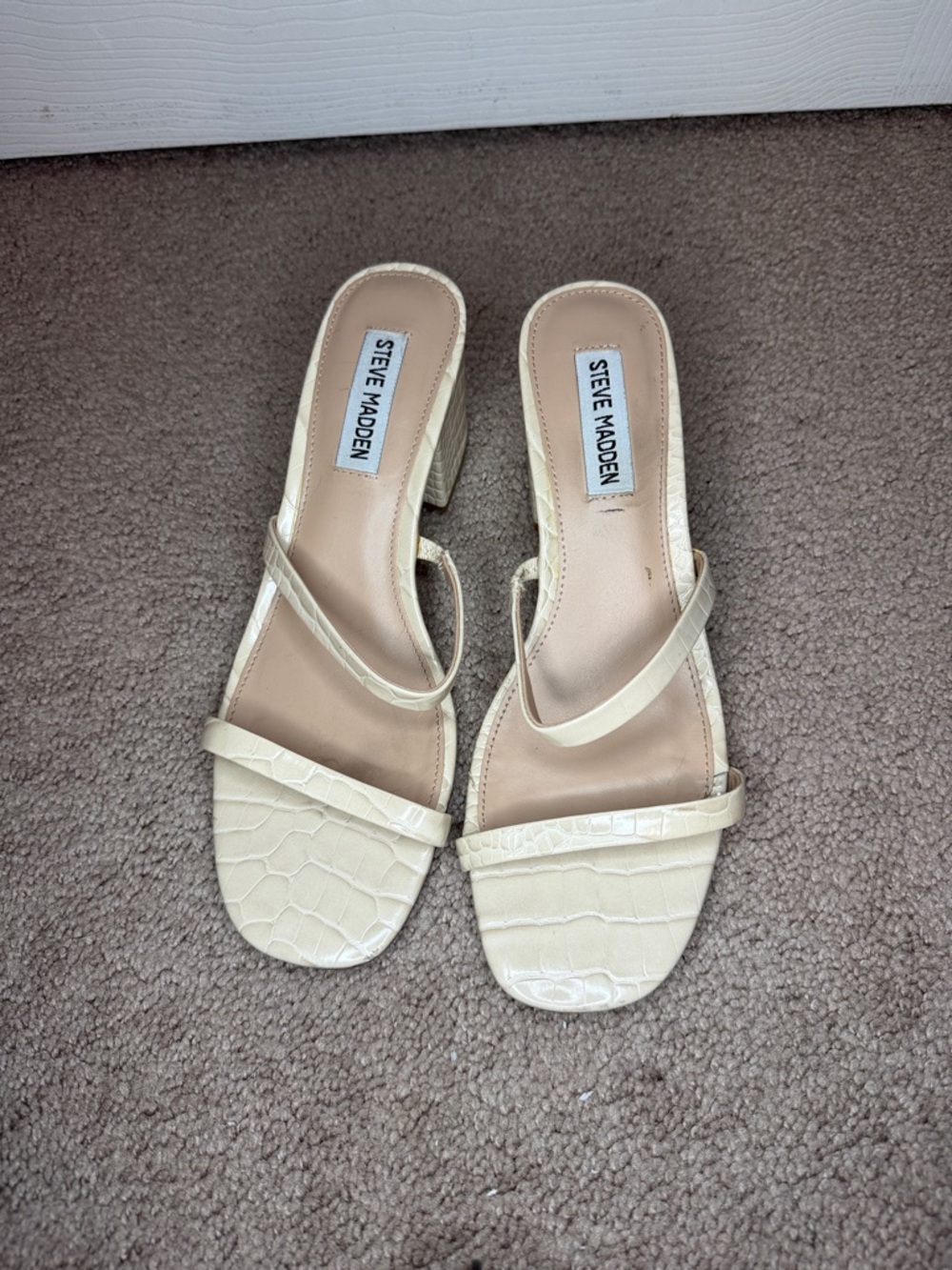 Steve Madden Cream Croc-Embossed Strappy Block Heel Sandals